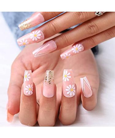 Buy Vatocu Long Pink Coffin Acrylic Press-On Fingernails - 24 Shiny Flower Designs for Women & Girls - International Shipping Available - Buy Online on GoSupps.com