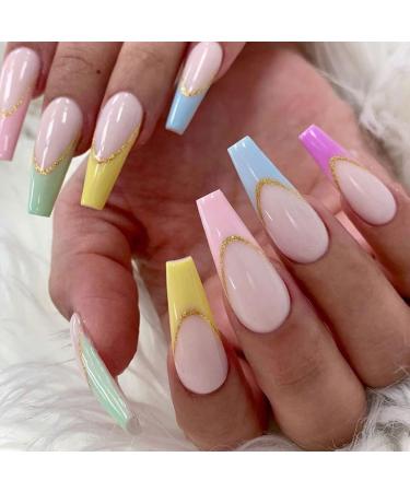 Vatocu Coffin false nails long French press on nails glittering rainbow art nails full surface ballerina acrylic stick on nails for women and girls (24 pieces)