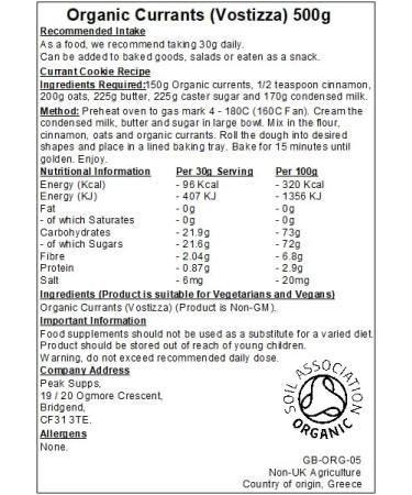 Organic Currants - 500g - Vostizza - Baked Goods - Sundried - Buy Online on GoSupps.com