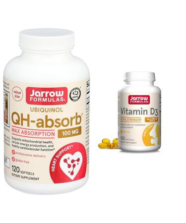 Jarrow Formulas QH-Absorb 100 mg Max Absorption - CoQ10 Ubiquinol & Vitamin D3 62.5 mcg (2 500 IU) - 100 Servings (Softgels) 120 Servings (Pack of 1) CoQ10 + Vitamin D3 62.5 mcg