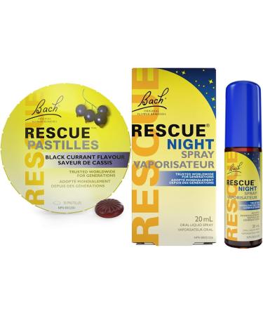 Rescue Remedy Bach RESCUE PASTILLES Black Currant Flavour Lozenges Natural Flower Essence & RESCUE NIGHT Spray Natural Flower Essence Vegan Gluten and Sugar-Free Vanilla 20mL