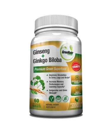 Panax Ginseng + Ginkgo Biloba Tablets - Premium Non-GMO/Veggie Superfood - Traditional Energy Booster and Brain Sharpener - Unique Twin Supplement Combines Ginseng and Ginkgo Biloba 60 Veggie Tablets 60 Count (Pack of 1)