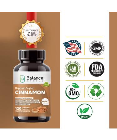 Organic Ceylon Cinnamon 1200mg - 120 Veg Capsules for Sugar & Joint Support | Balance Breens - Buy Online on GoSupps.com