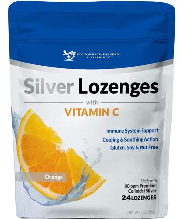 Silver Lozenges with Vitamin C - Premium Nano Silver 60 PPM Colloidal Silver, Organic Honey and Vitamin C Mineral Supplement Drops to Support Immune System, Soothe Cough & Throat - 24 Orange Lozenges Orange 24 Count (Pack