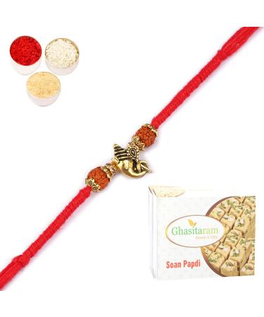 Ghasitaram Gifts Rakhi for Brother Rakhis Online - LD-9017 Ganesha Rudraksh Rakhi with 400 GMS of Soan Papdi