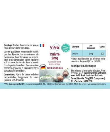 Cuivre 2mg - 200 comprim s - Bisglycinate de cuivre - Dosage lev - Biodisponible - Qualit allemande - ViVe Supplements - Buy Online on GoSupps.com