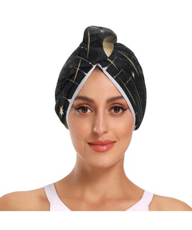 Stars Moons Black Hair Towel 2 Pack Super Absorbent Hair Drying Towel Quick Dry Hair Turbans Head Towel with Button Twisty Wrap for Women Girls