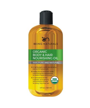 Being Naturals Organic Hair & Body Oil- for Stretch Marks Dark Spots & Acne Scars with 9 Essential Oils & Omega 3 Firm & Tone Skin Body Face& Hair Moisturizer - 4 fl oz