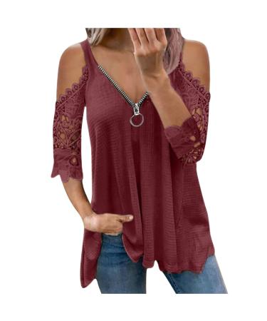 Cold Shoulder Tops for Women Vneck Zipper Shirts Short Sleeve Sexy Tshirt Solid Color Tees Lace Hollow Out Tunics Wine X-Large