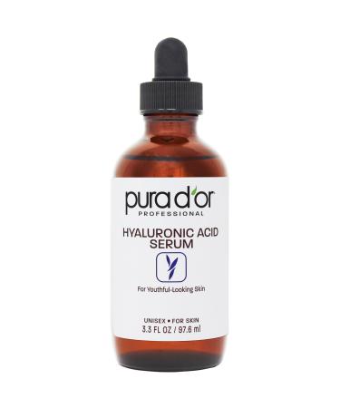 PURA D'OR 3.3 Oz Hyaluronic Acid Serum For Deep Hydration - Anti-Aging Plumping & Moisturizing Formula For Smooth Supple Skin - Natural Skincare Boost - Fine Lines & Wrinkle Reducer - Travel Size 3.3 Fl Oz (Pack of 1)