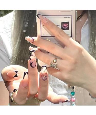 Justotry 24 Pcs Butterfly False Nails Long with Jewels | Black French Press On Nails | Ballerina Stick On Nails | Acrylic Coffin Fake Nails Medium | Nail Art Glue | Black & Butterfly Design - Buy Online on GoSupps.com