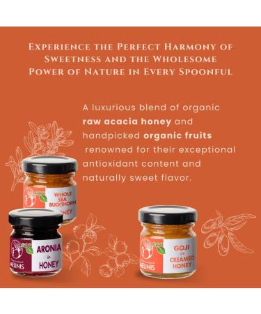  Melinis Pack of 3 packs of organic honey spread - 3 x 40g - With sea buckthorn aronia and goji berries - Creamy spread made with acacia and polyflora honey - For breakfast  - Buy Online on GoSupps.com