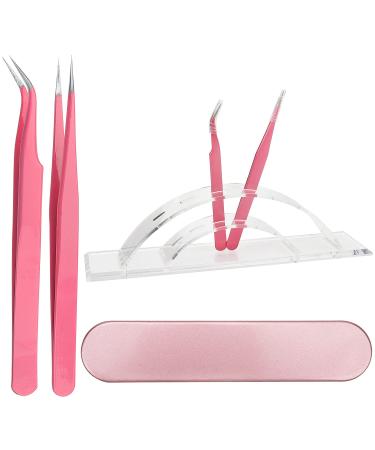 Eyelash Extension Tweezers Kit with 2pcs Black Tweezers and Storage Case 6 HolesTweezer Display Stand fit Lash Extension Professional Makeup Tool (Pink)