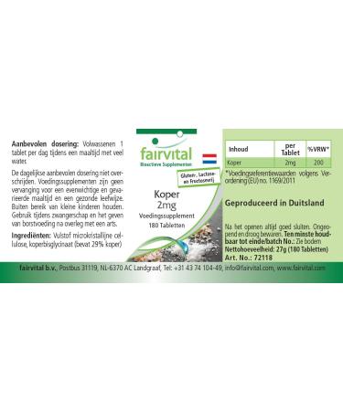 Fairvital | Cuivre 2 mg - 180 comprim s - Bisglycinate de cuivre - qualit contr l e et hautement dos - 100% v g talien - Fabriqu en Allemagne - Buy Online on GoSupps.com