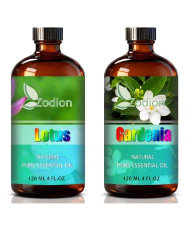 Gardenia Essential Oil 4 Fl Oz and Lotus Essential Oil 4 Fl Oz - ZODION Gardenia & Lotus Oil for Diffuser Aromatherapy Home Fragrance Skin & Hair Care DIY Candle & Soap Making Yoga