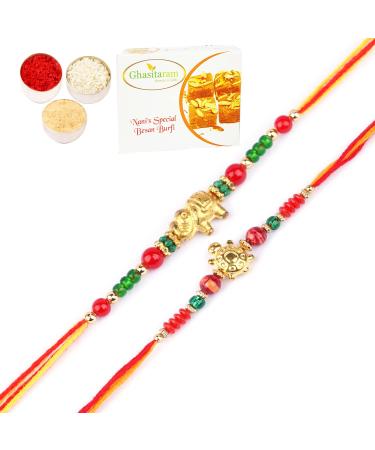 Ghasitaram Gifts Rakhi for Brother Rakhis Online - Set of 2-6043 and 6059 Rakhi Threads with 400 GMS of Besan Barfi