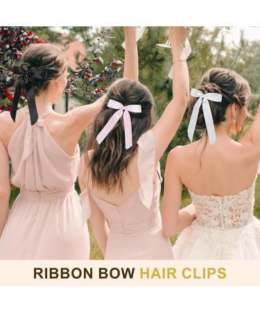 Bow Hair Clips with Long Tail Silky Satin Hair Bows Ponytail Holder Accessories Hair Barrette Hair Ribbon for Girls for weddings parties festivals (Black white pink) - Buy Online on GoSupps.com