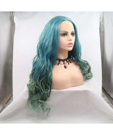 SHIYID Heat Resistant Body Wave Two Tones Synthetic Lace Front Wig - Green & Blue for Women | Middle Parting - Buy Online on GoSupps.com