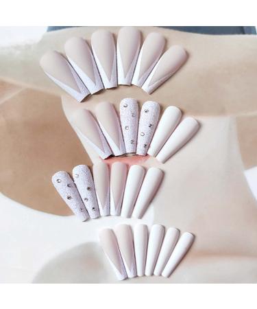 Bufenia French Coffin Ballerina Artificial Fingernails - 24 Translucent Matt Long Glitter Nails for Women & Girls - Easy Plug-in & Stick-On - Buy Online on GoSupps.com