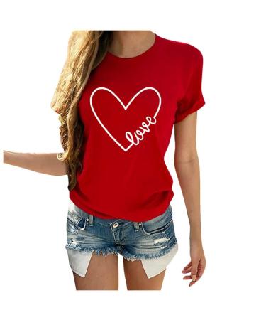 Deepclaoto Plus Size Tops for Women,Casual T Shirts Crewneck Letter Heart Shaped Print Short Sleeve Valentine Day Tops Red Medium