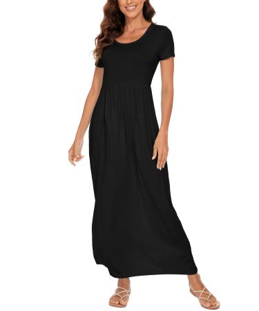 YUNDAI Womens Maxi Dress Summer Maternity Casual Short Sleeve Floral Loose Long Dresses Plus Size Ladies Dress with Pocket 03-Short Sleeve S B01 Black