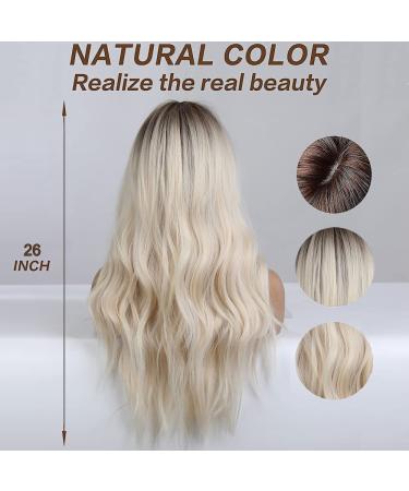 Esmee 26 Blonde Wig with Bangs - Ombre Wavy Synthetic Hair with Dark Roots | Perfect for Daily Wear, Parties, and Cosplay - Buy Online on GoSupps.com