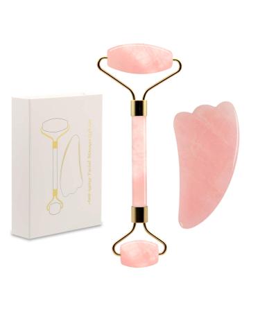 Jade Roller and W Gua Sha Scraping Facial Tools Set Rose Quartz Facial Roller 100% Real Jade Stone Natural Anti-Aging Facial Massage Kit Treat Eye Bags Anti-Aging Dermal Massage Beauty Tools