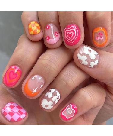 Short Square Press on Nails Pink Fake Nails French Tips False Nails with Rainbow Colorful Flower Heart Lattice Pattern Summer Acrylic Stick on Nails Artificial Glue on Nails for Women & Girls 24Pcs Rainbow Flower Lattice