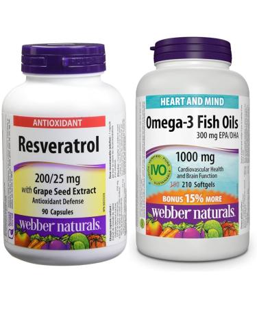 Webber Naturals Resveratrol with Grape Seed Extract Caplet 200/25mg & Omega-3 Fish Oil 1 000 mg 210 Softgels Supports Cardiovascular Health and Brain Function SUPPLEMENT + SUPPLEMENT 03872