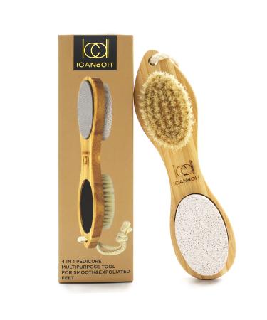 ICDI ICANdOIT Natural Bamboo Foot File Callus Remover-Multi Purpose 4 in 1 Feet Pedicure kit with Foot Care Bristle Brush Pumice Stone Foot rasp Sand Paper 1 Count (Pack of 1)