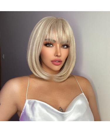 Platinum Blonde Bob Wig with Bangs - 12 Inch Heat Resistant Synthetic Wig for Daily & Party Wear - Buy Online on GoSupps.com
