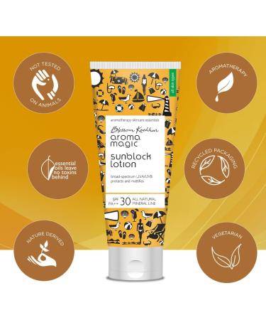 Blossam Kochhar Aroma Magic Sun Block Lotion SPF 30 PA ++ Broad Spectrum UVA / UVB protects and mattifies - 100 Gram - Buy Online on GoSupps.com