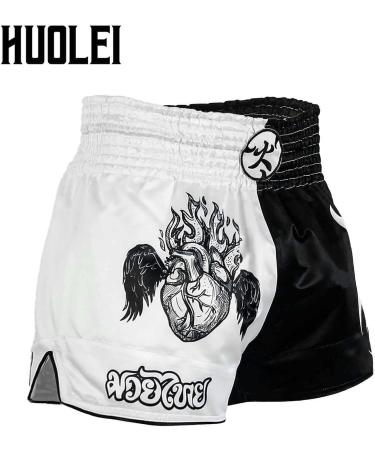 HUOLEI Muay Thai Shorts for Men and Women, High Grade MMA Gym Boxing Kickboxing Shorts - 1 White & Black XS, Waist 22-24 - Buy Online on GoSupps.com