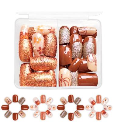 48Pcs Fall Halloween Press on Nails Short Square Glitter Fake Nails Cute Pumpkin Ghost Flower Acrylic Full Cover Stick on Nails Resuable Wear Glue on Nails for Women Halloween Nail Decoration Style D 1 Fl Oz (Pack of 48)