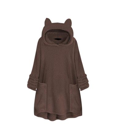 Bigfanshu Womans Tops Fleece Cat Ear Plus Size Long Sleeve Hoodie Pocket Top Sweater Blouse Coffee