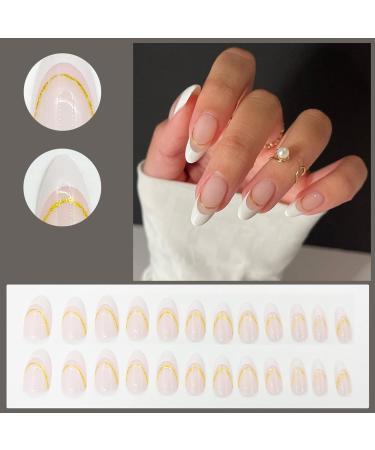 Justotry 24 Pcs Short Milky Gold Stiletto False Nails - Cute Nude French Press on Nails with Nail Glue | Almond Stick on Nails for Women Art - Buy Online on GoSupps.com