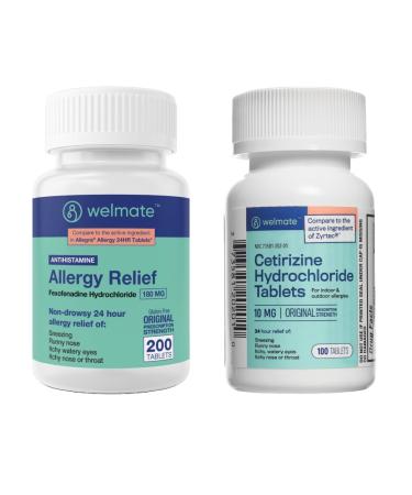 WELMATE Ultimate Allergy Relief Duo: Fexofenadine HCl 180mg (200 Ct) & Cetirizine HCl 10mg (100 Ct) | Dual-Action 24hr Allergy Support
