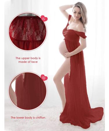 FEOYA Maxi Maternity Dress Chiffon Lace Strapless Gown | Red | Split Front | Photography | Full Length - Buy Online on GoSupps.com