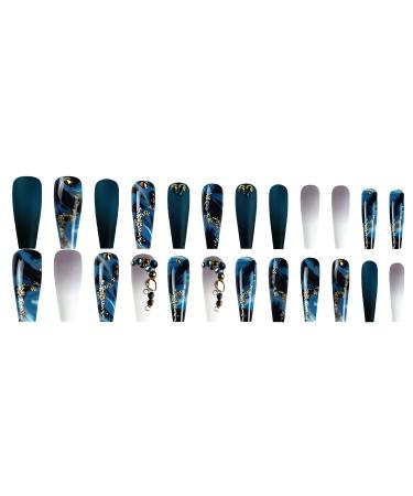 Navy Blue False Nails with Glitter and Rhinestones - 24Pcs Matte & Glossy Coffin Fake Nails for Women - Buy Online on GoSupps.com