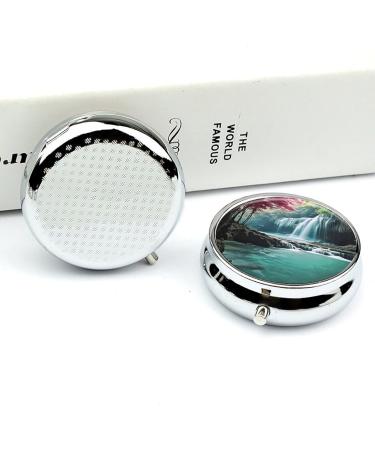 Round Pill Box - Waterfall Natural Landscape Print | 3 Compartment Portable Pill Organizer | Decorative Metal Pocket Case - Style 19 - Buy Online on GoSupps.com