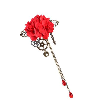 Maciun Steampunk Hair Clip - Flower Hair Clips Steampunk Hair Clips with Tassels Chain Rose Flower Hair Clip Vintage Gothic Hair Accessories for Women Red