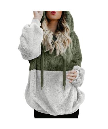 Bigfanshu Womens Long Sleeve Tops Hooded Sweatshirt Winter Warm Zipper Pocket Pullover Blouse Shirts Green