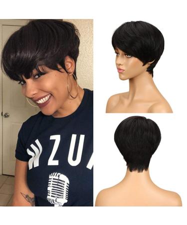 D but real hair wig for women short pixie wig brazilian virgin hair 9 inch 63 g (9 inch 1b: black) 22.86 cm (1 Pack) black
