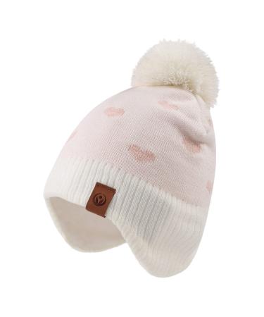 XIAOHAWANG Knitted Baby Hat Winter Warm Boys Girls Beanie Fleece Lining Toddler Kids Hat with Pompom 9-24 Months White Heart Hat
