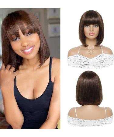 10 Inch Dark Brown Straight Bob Wig with Bangs - Brazilian Remy Human Hair, 130% Density, Glueless Full Machine Made Wig for Black Women - Buy Online on GoSupps.com