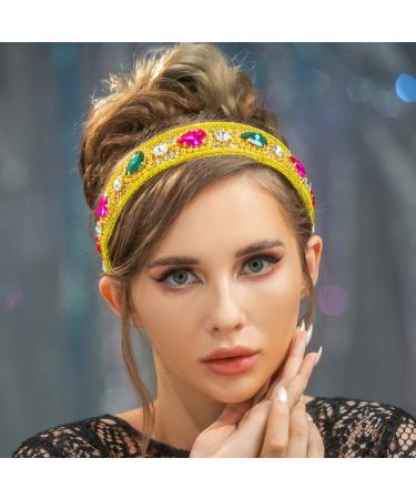 Flayem Rhinestone Headband Crystal Headband Padded Wide Vintage Hair Band Hoop Gorgeous Baroque Hair Accessories for Women and Girls (Yellow) - Buy Online on GoSupps.com