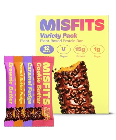Misfits Vegan Protein Bars - Updated Recipe | Plant Based, Low Sugar & Carb, High Fiber Snacks | Variety Pack of 12 (4 Flavors)