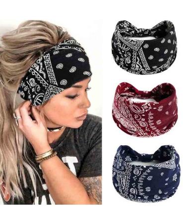 YBSHIN Boho Bandeau Headbands Black Wide Knot Hair Scarf Floral Printed Hair Band Elastic Turban Thick Head Wrap Stretch Fabric Cotton Head Bands Fashion Hair Accessories for Women Pack of 3 (A) (Set 2)