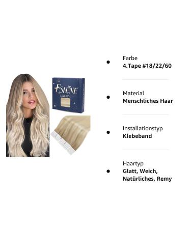 FSHINE Balayage Tape In Hair Extensions - Real Hair Ombre Ash Blonde - 50cm (20 inch) - Seamless 50g 20 Pieces #18/26/60 for Women - Buy Online on GoSupps.com