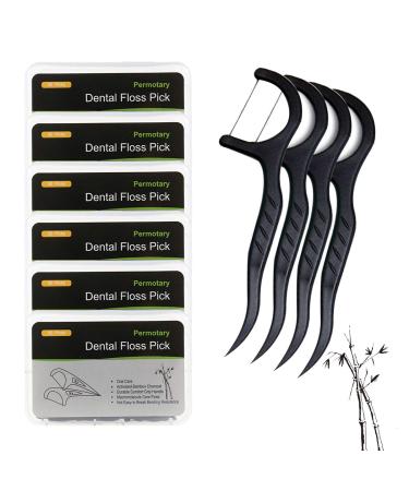 Permotary 6 Packs Bamboo Charcoal Dental Floss Picks Ultra-fine Smoother Portable Household Oral Care Floss Picks for Cleaner Healthier Mouth with Travel Handy Cases 300 Count Flossers Bamboo Charcoal/Black
